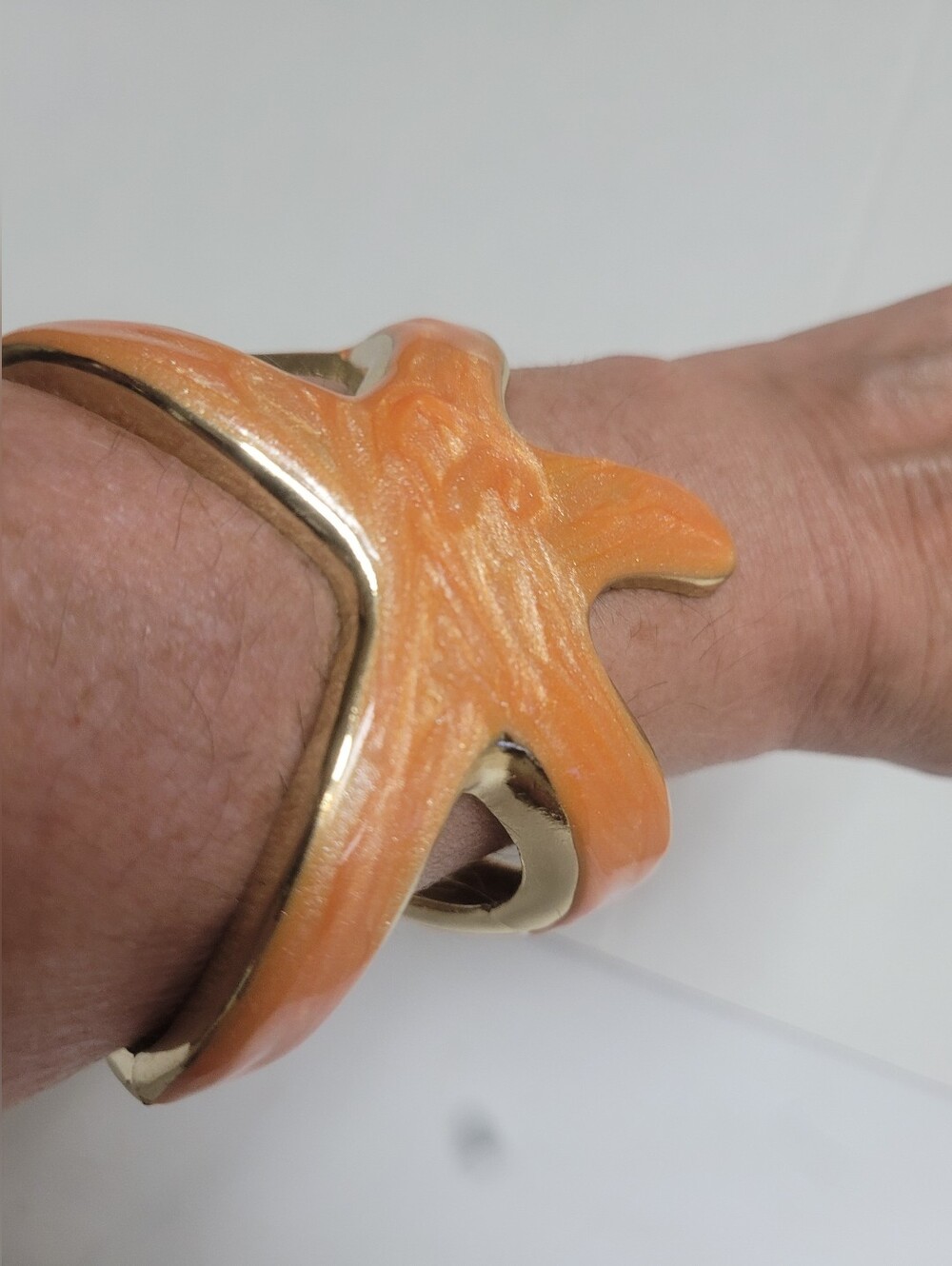 Orange And Gold Enamel Star Fish Cuff Bracelet - Picture 2 of 7